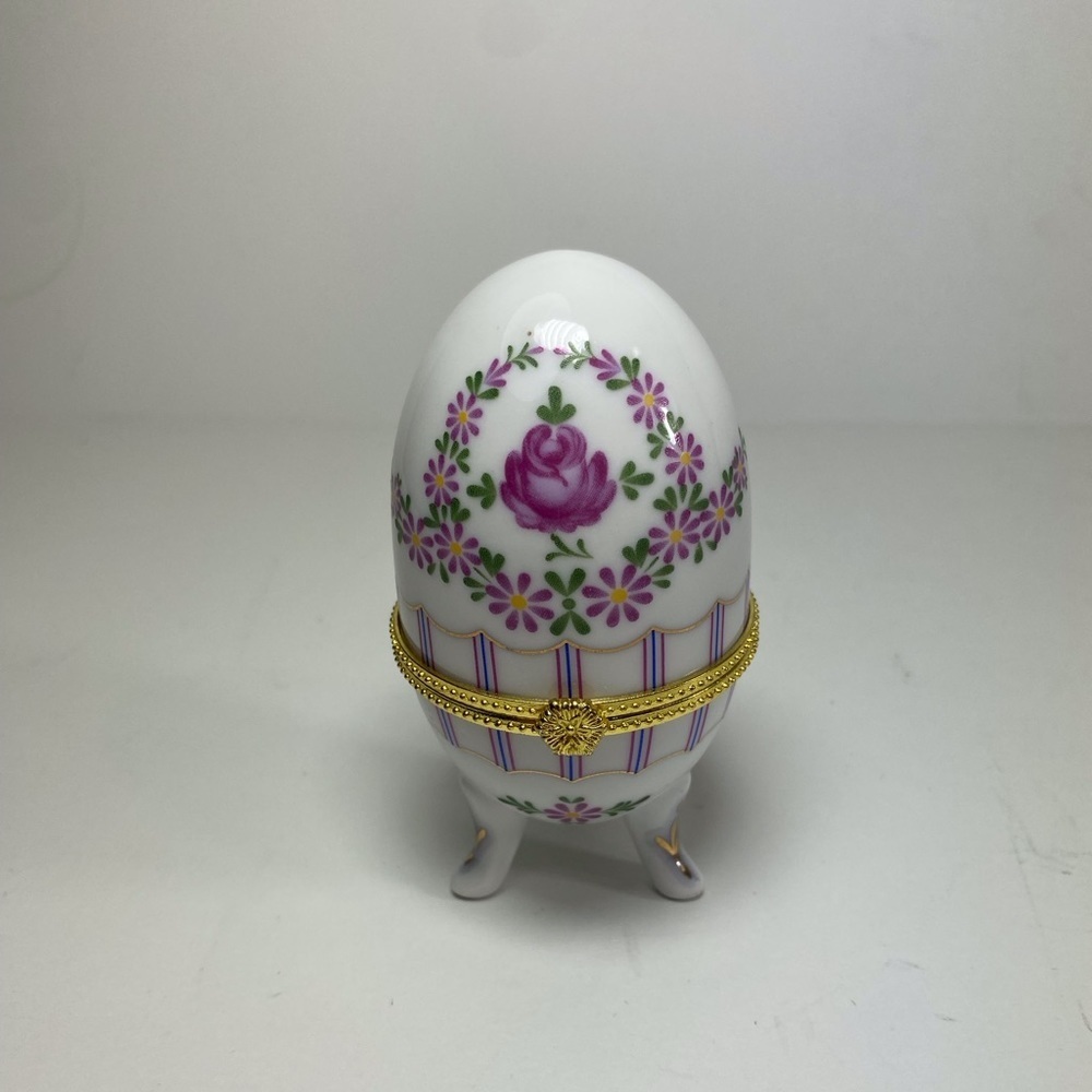 Vintage Faberge Egg Style Pink Floral Porcelain Footed Trinket Box 4” Gold Trim